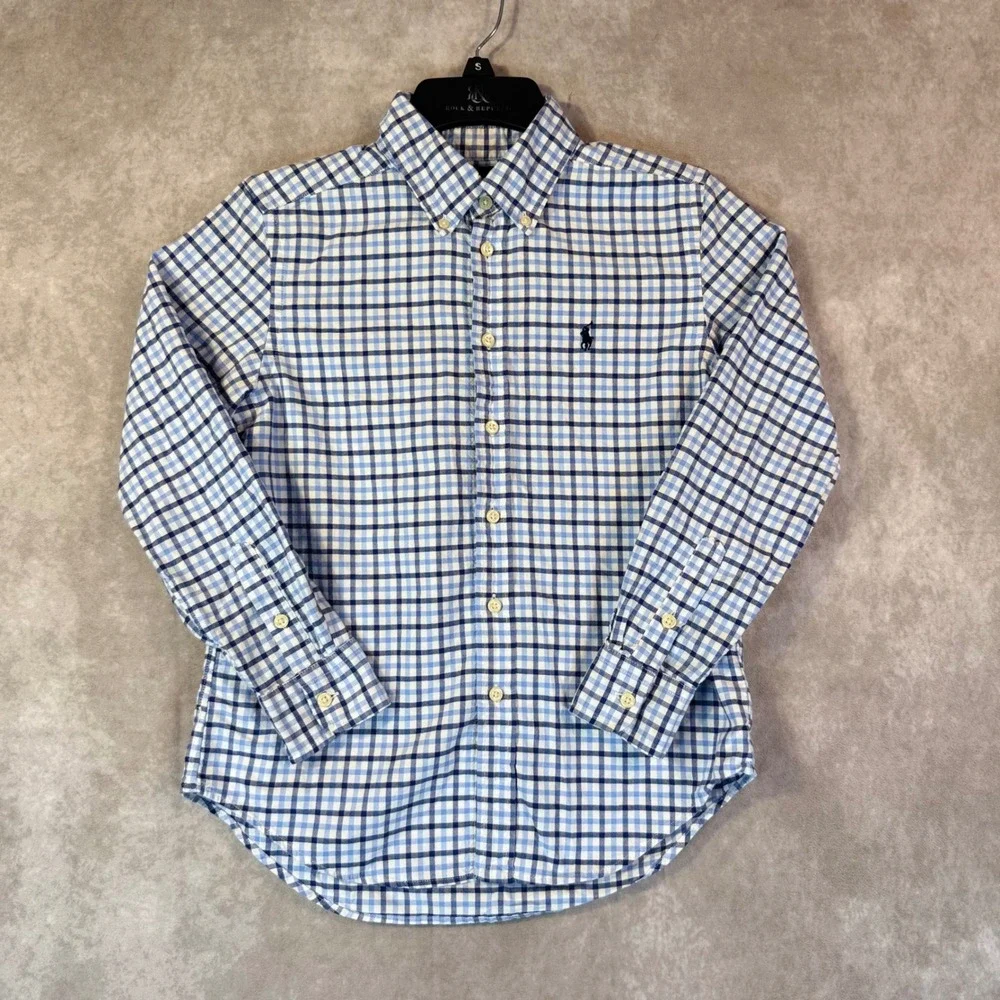 Ralph Lauren Button Down Shirt Boys M 10-12 Blue White Plaid Long Sleeve Pony